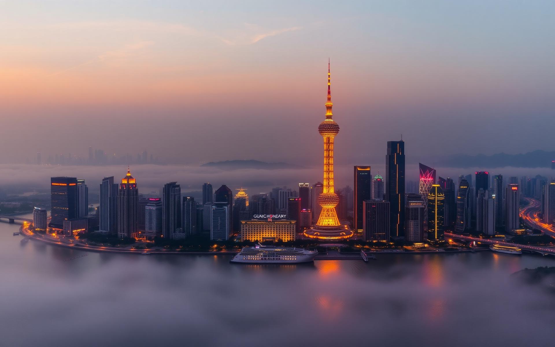 Skyline de Canton (Guangzhou) au coucher du soleil, Canton Tower illuminée au-dessus de la rivière des Perles